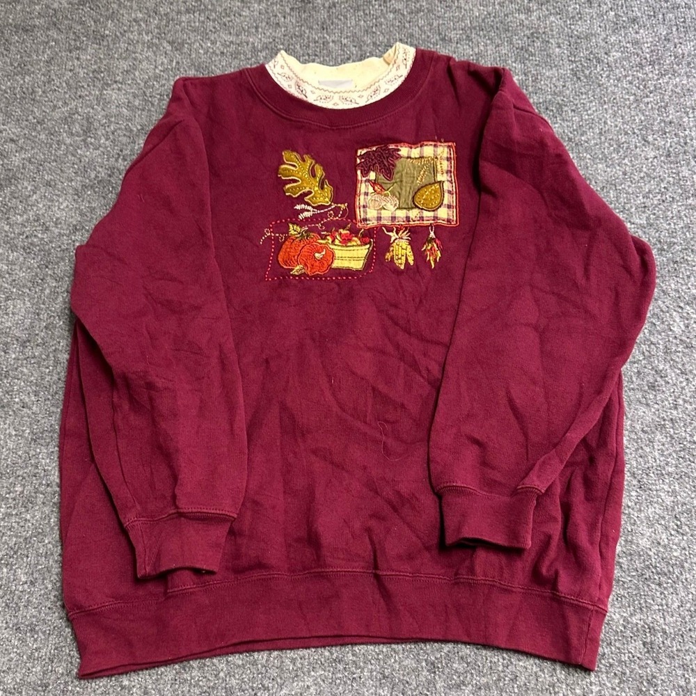 Bobbie Brooks Sweatshirt Womens Size M Burgundy Autumn Harvest Lace Trim Fleece